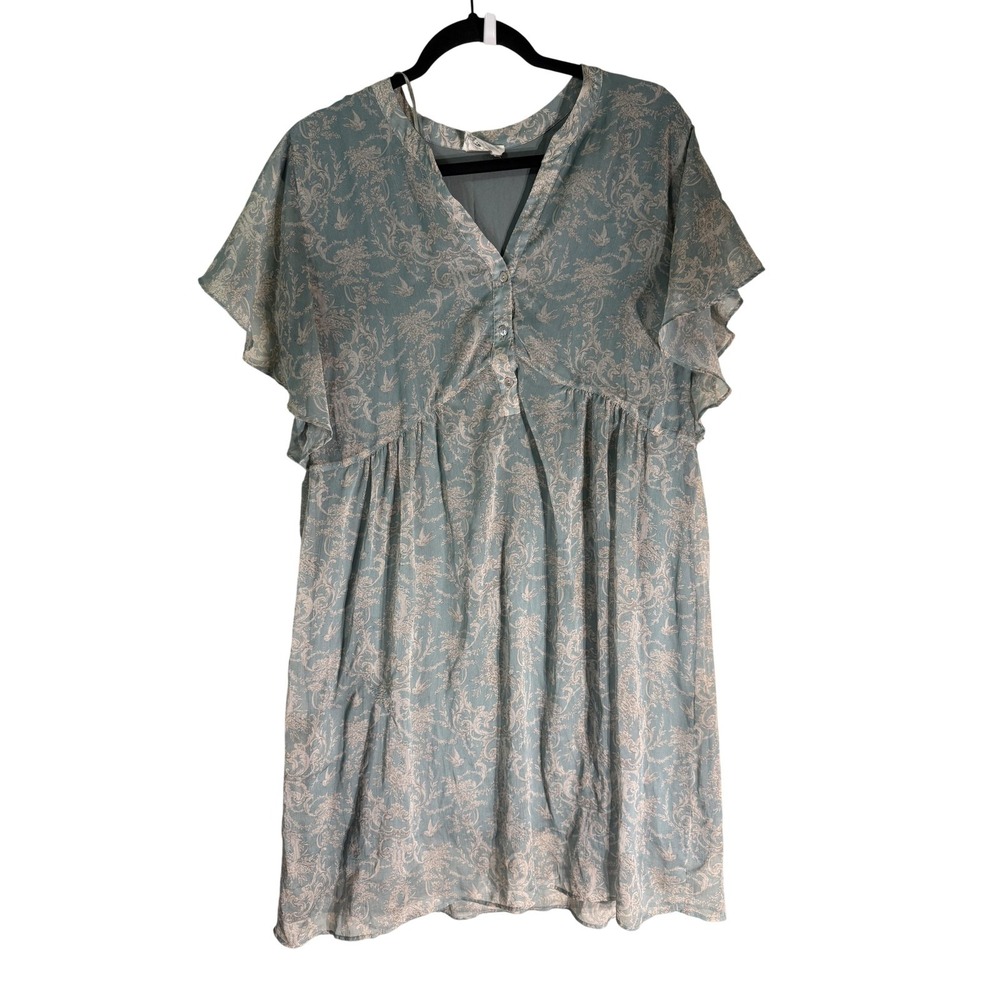 Maison 123 Paris Blue Toile Print‎ Empire Waist Flutter Sleeve Dress Size 44/42
